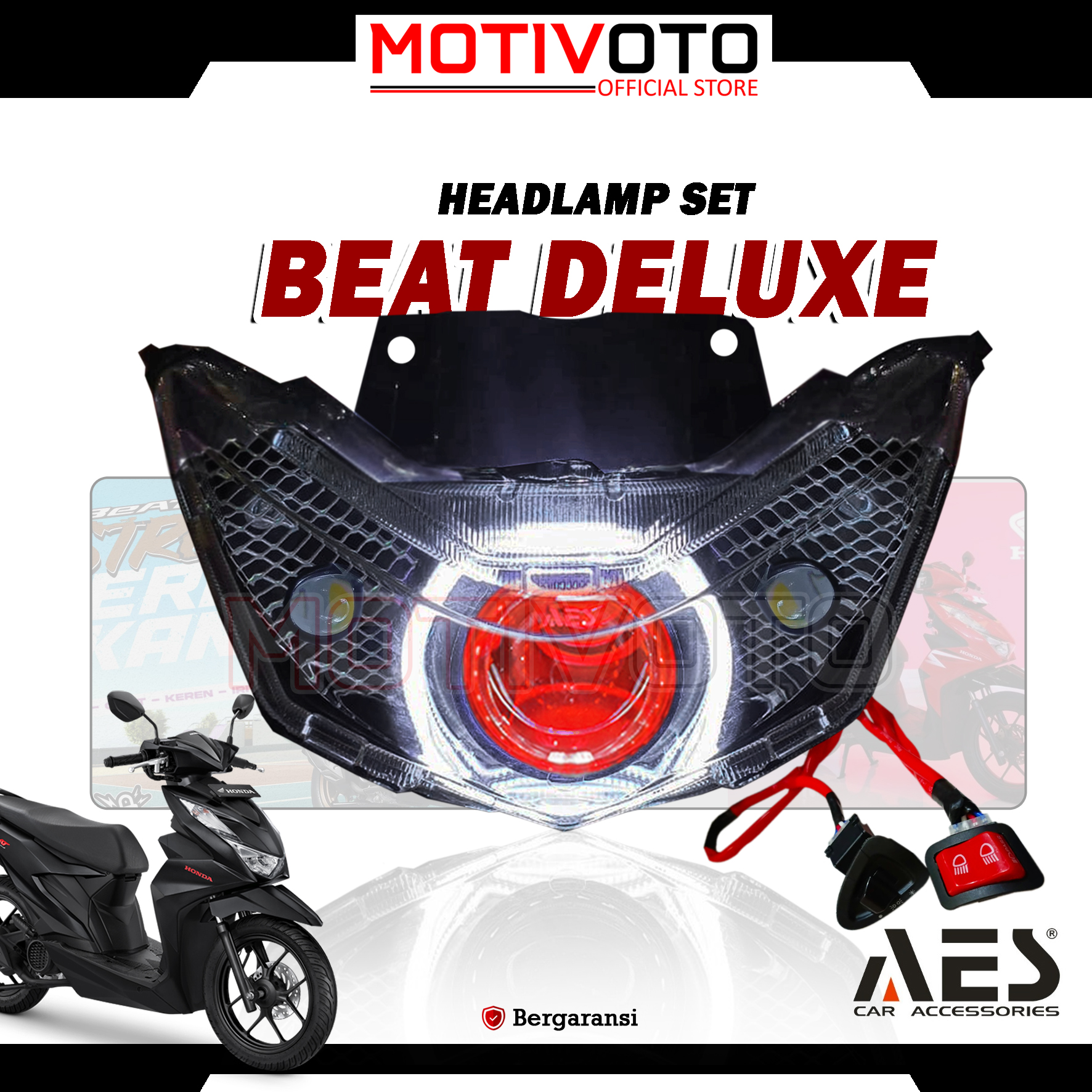 Headlamp Projie BiLED AES Beat Deluxe Street Gen 1 + D2 Laser + Saklar PNP Lampu Depan Bi-LED AES Turbo SE Experience 2.5inch 60Watt Honda Beat Street / Beat Deluxe Gen 1 K1A 2020-2024 with Exhaust Fan RGB