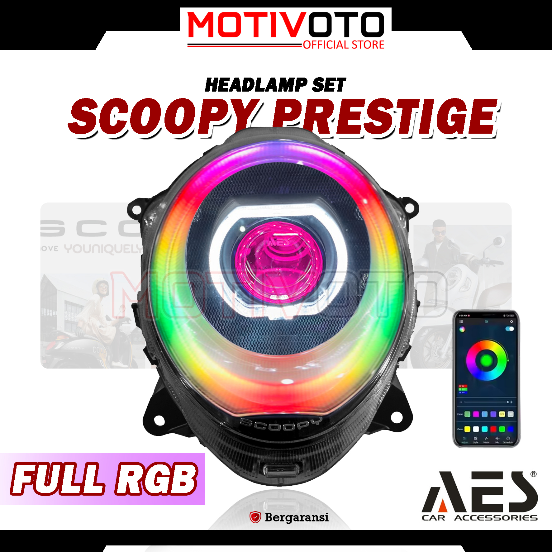Headlamp Projie BiLED AES Scoopy Prestige 2020 Full RGB + Saklar PNP Lampu Depan Bi-LED AES Turbo SE Experience 2.5inch 60Watt Honda Scoopy Prestige K2F 2020-2024 with Exhaust Fan RGB
