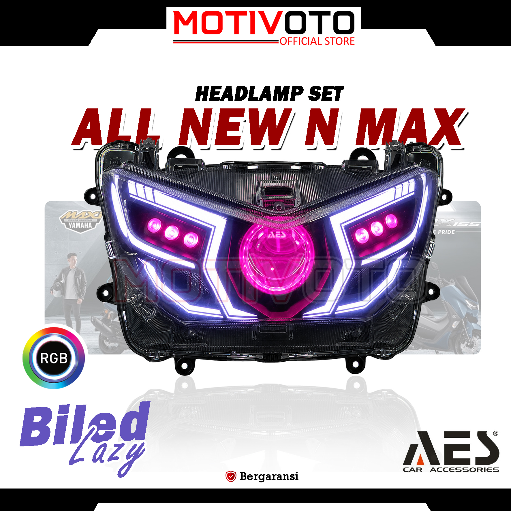 Headlamp Projie BiLED AES Nmax New tipe V2 Lazy + Saklar PNP Lampu Depan Bi-LED AES Turbo SE Experience 2.5inch 60Watt Yamaha All New Nmax 2020 with Exhaust Fan RGB