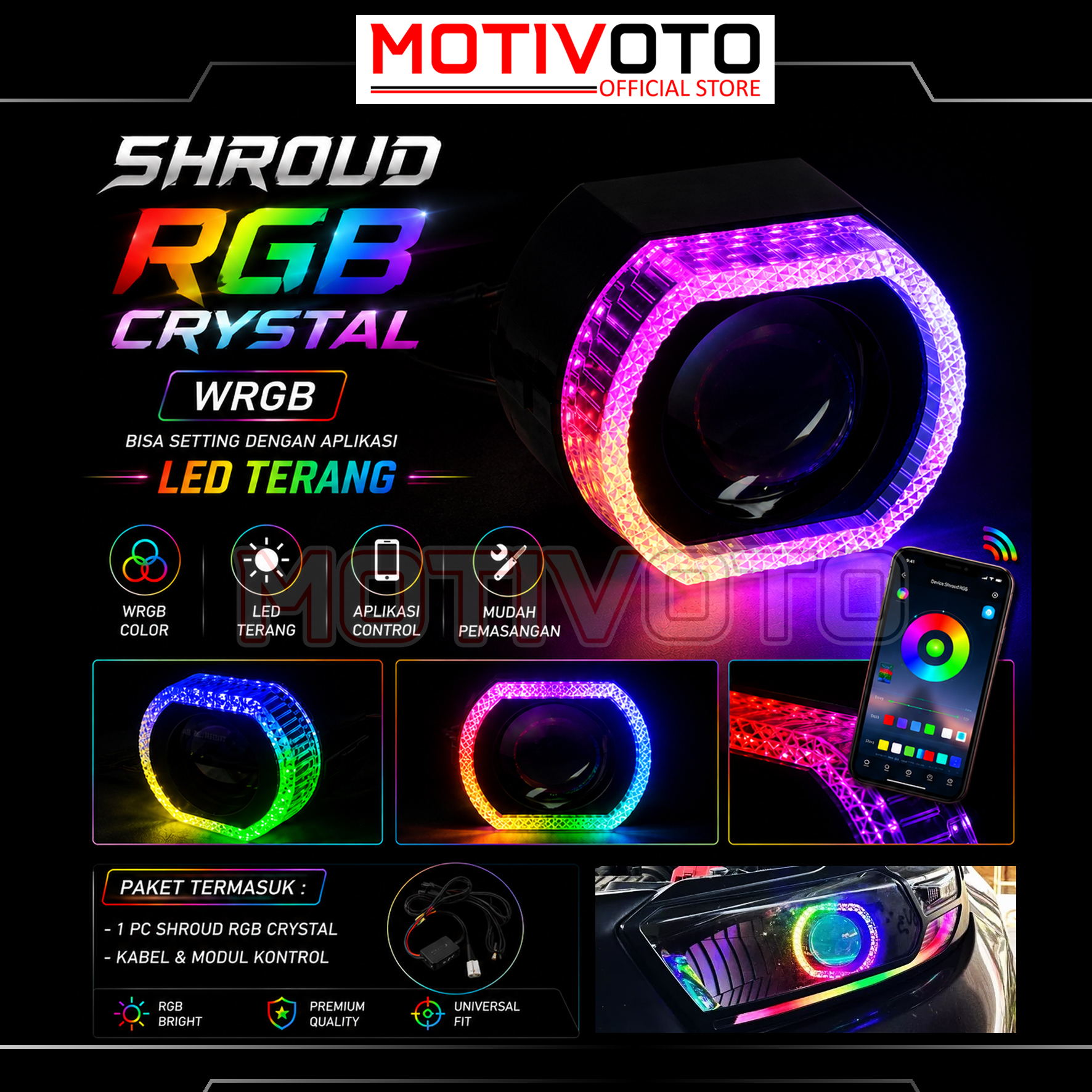 Shroud Projector BiLED Crystal Angel Eyes WRGB by Apps Bluetooth 2.5 inch 12 volt untuk Headlamp Projie Biled Nmax Aerox PCX ADV BeAT Vario 125/150 Mio LED Light Neon Universal Motor Mobil Waterproof